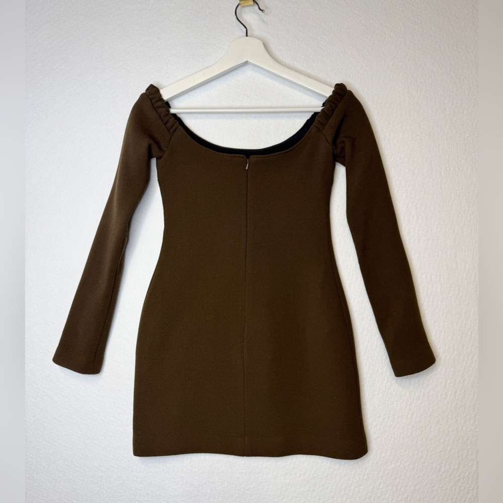 KHAITE Off-Shoulder Long Sleeve Mini Dress in Brown - Picture 4 of 8